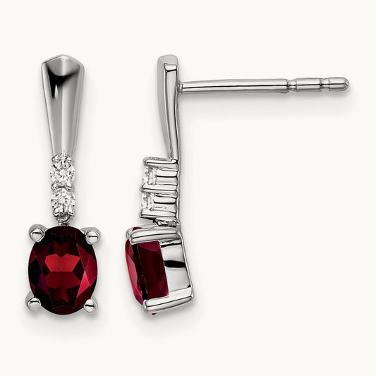 Oval Garnet and Diamond Dangle Earrings — 14K White Gold