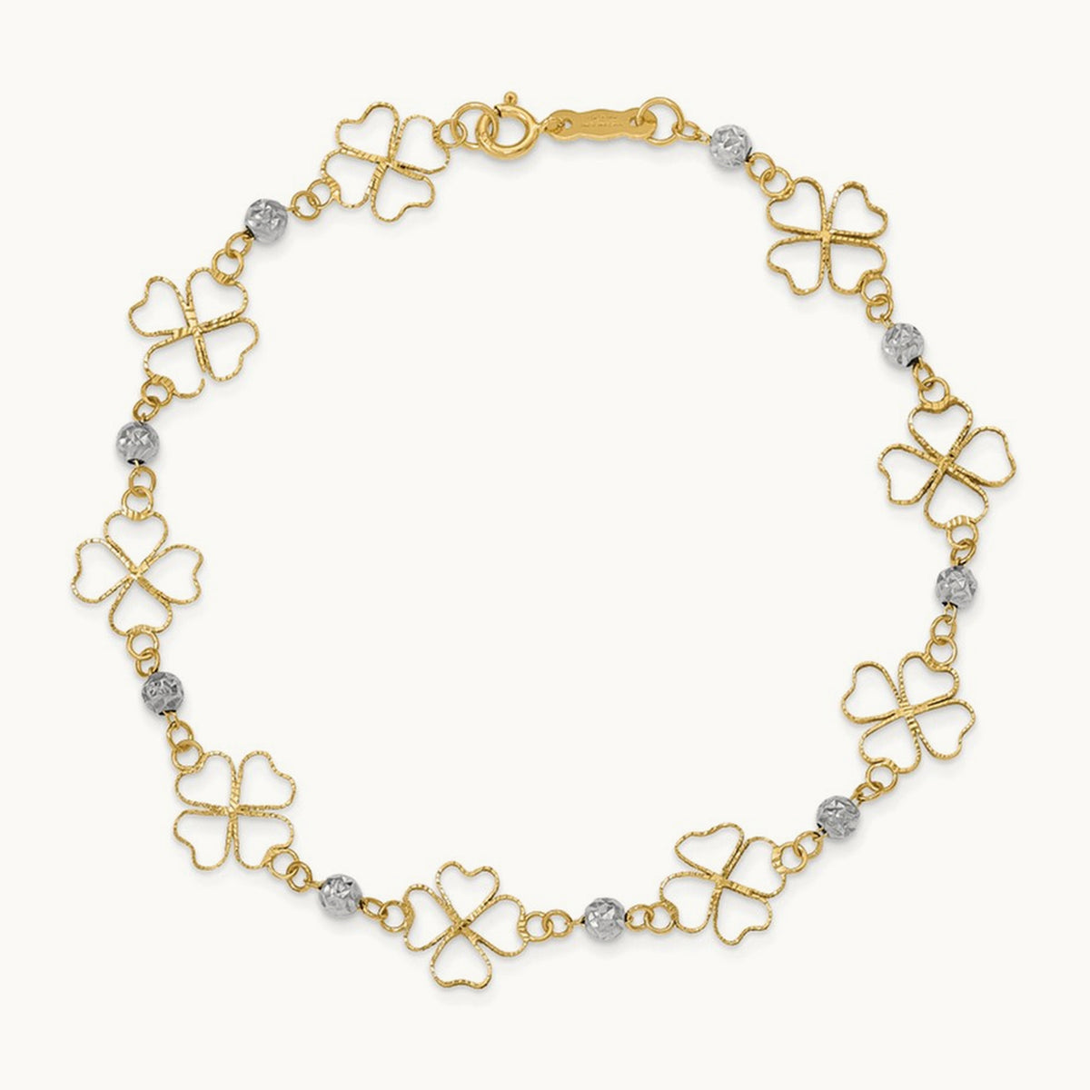 Diamond-cut Open Clovers & Beads Bracelet, 14K Two-tone