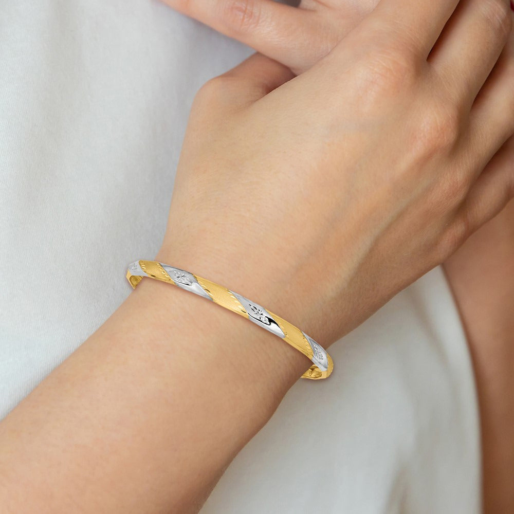Polished Satin Diamond-cut Flexible Bangle — 14K Two-Tone Gold