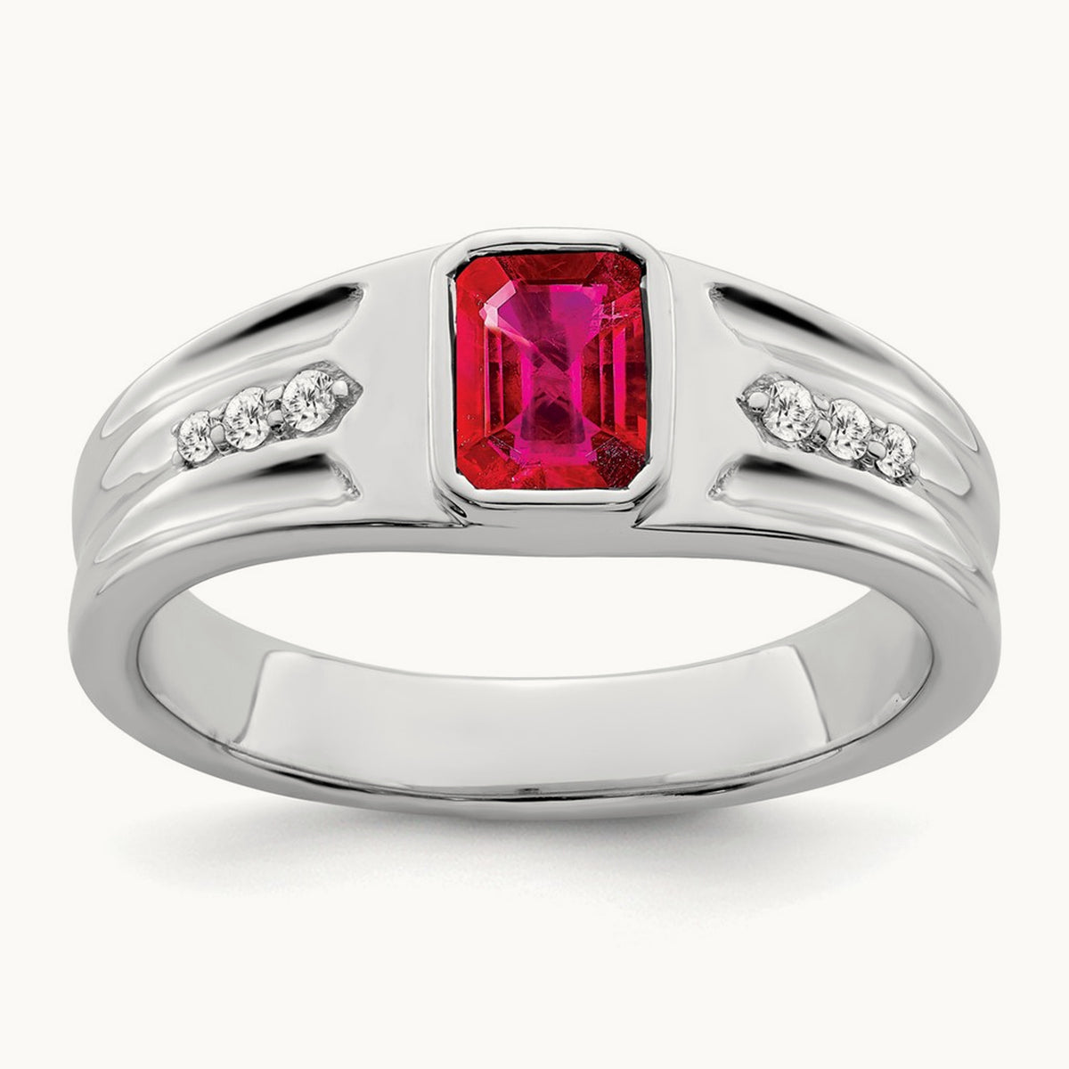 Created Ruby and Diamond Men's Ring — 14K White Gold, 10