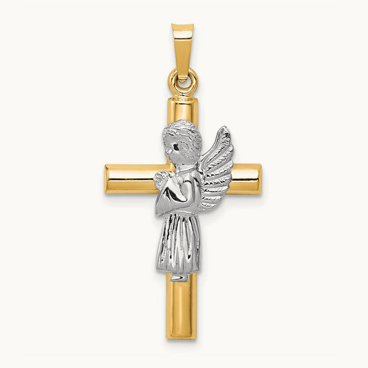 Angel and Cross Pendant, 14K Two-tone
