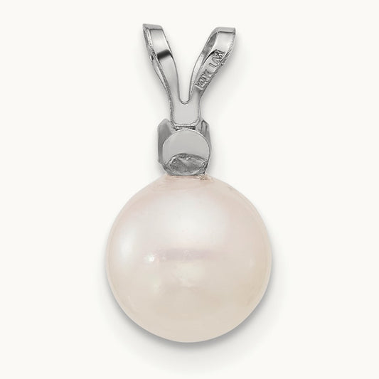 7- Round White Saltwater Akoya .05ct Diamond Pendant, 8mm, 14K White Gold