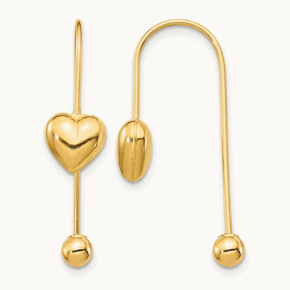Puffed Heart w/Screw End Threader Earrings, 14K