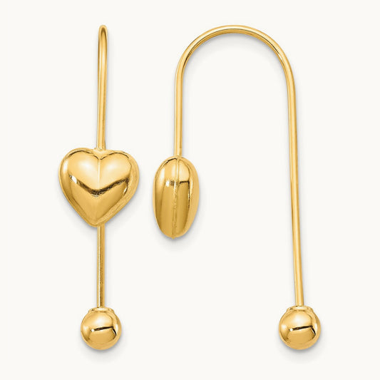 Puffed Heart w/Screw End Threader Earrings, 14K