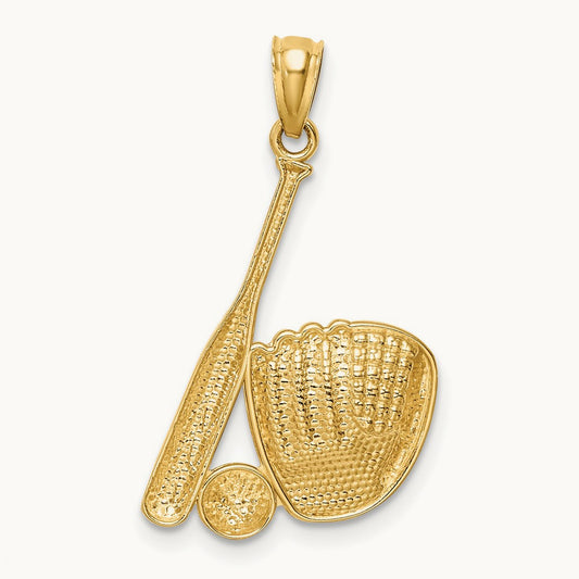 Rhodium Baseball Glove Bat Ball Pendant, 14K White