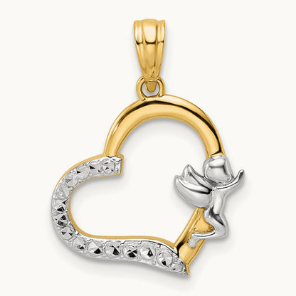 & White Rhodium Cherub on Heart Pendant, 14K