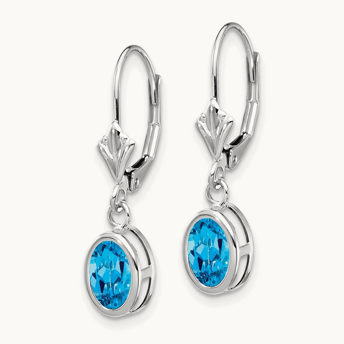 Oval Blue Topaz Leverback Earrings — 14K White Gold, 26mm, 7x5mm