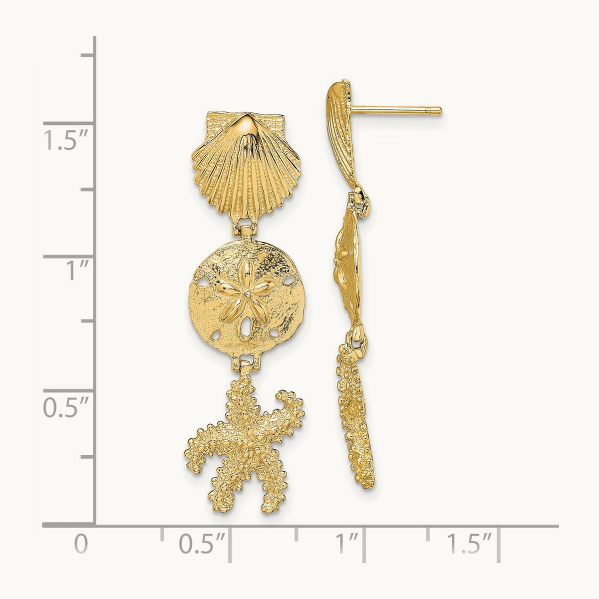 Shell, Sand Dollar ,Starfish Post Dangle Earrings, 14K