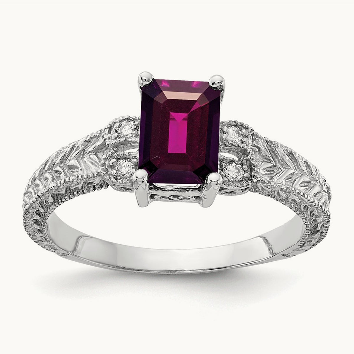 Emerald Cut Rhodolite Garnet Diamond Ring — 14K White Gold, 7x5mm