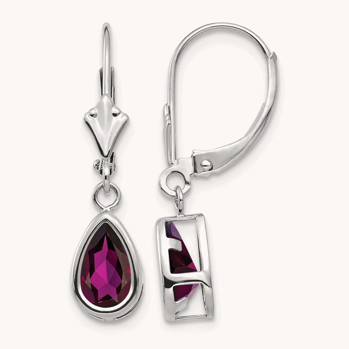 8x5mm Pear Rhodolite Garnet Leverback Earrings, 14K White Gold