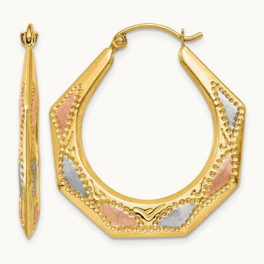 & White and Rose Rhodium Hollow Hoop Earrings, 14K