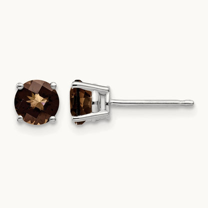 Round Checker-Cut Smoky Quartz Earrings, 5mm, 14K White Gold