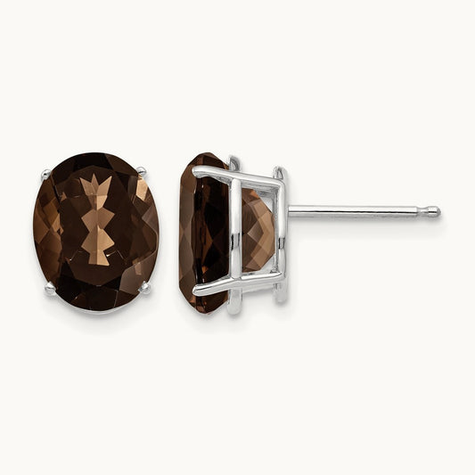 10x8 Oval Smoky Quartz Earrings, 14K White Gold