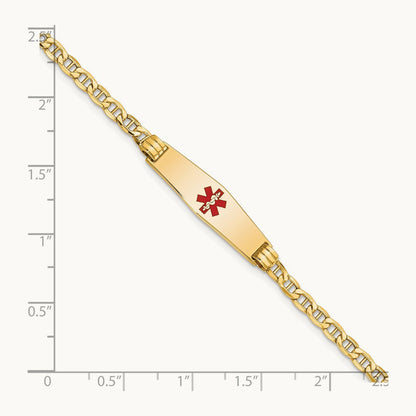 Medical Semi-Solid Soft Diamond Shape Red Enamel Anchor ID Bracelet, 14K