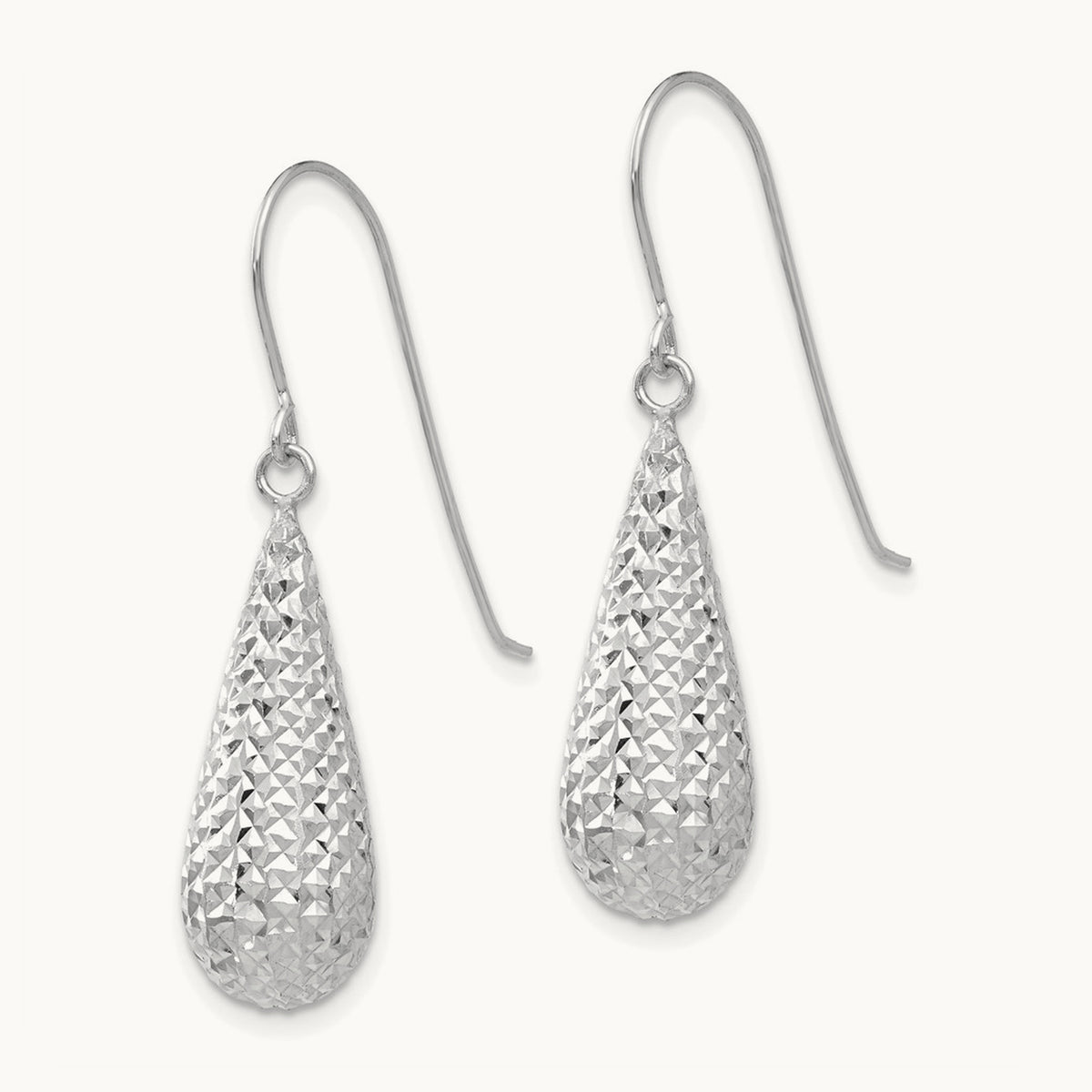 Diamond Cut Puff Tear Drop Dangle Earrings — 14K White Gold