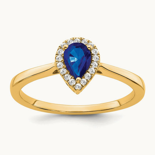 Pear Sapphire and Diamond Halo Ring — 14K Yellow Gold, 7