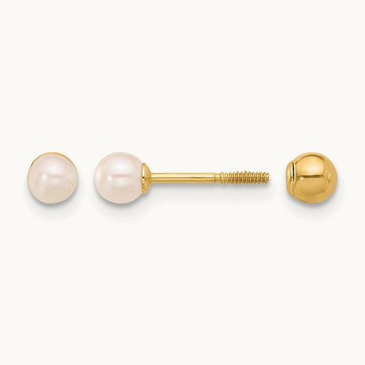 3- Round FWC Pearl Front and Back Ball Post Earrings, 4mm, 14K