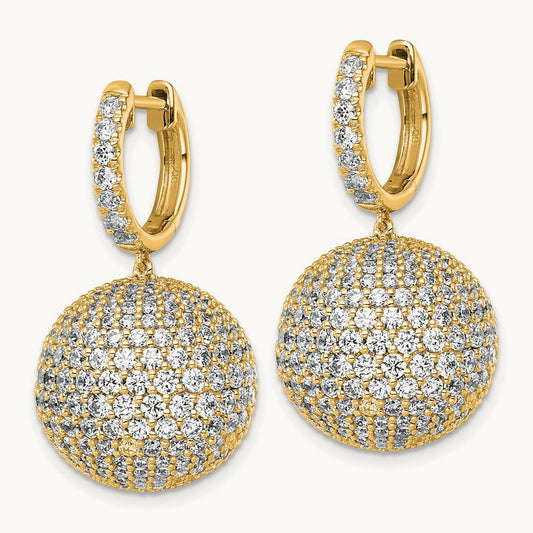 Pave Ball Dangle Hoop Earrings, 9.50-13.75 ct tw Lab-Grown Diamond — 9 1/2 ct, 14K Yellow Gold