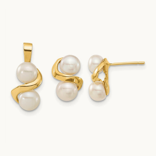 5- White Button FWC Pearl Earring and Pendant Set, 6mm, 14K