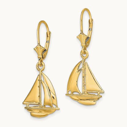 3D Polished Sailboat Leverback Earrings, 14K