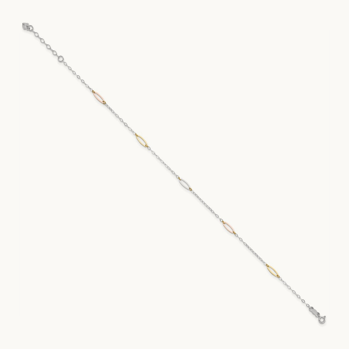 Tri-color Oval Link 9in Plus 1in Ext. Anklet, 14K