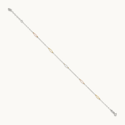 Tri-color Oval Link 9in Plus 1in Ext. Anklet, 14K
