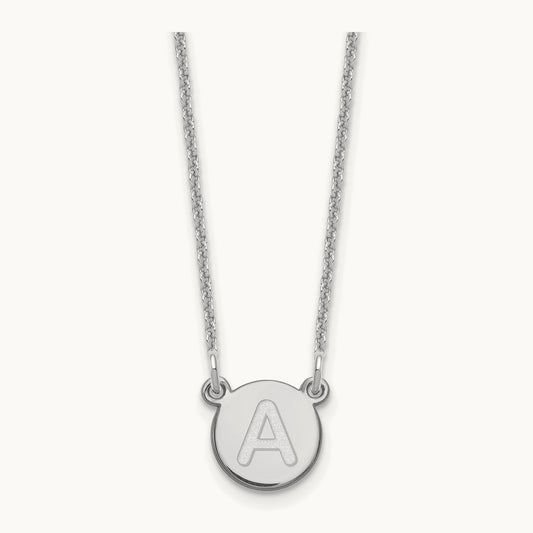 Tiny Circle Block Initial Necklace — 14K White Gold, A