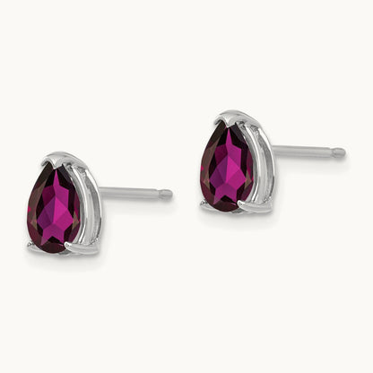 Rhodolite Garnet Pear Stud Earrings, 14K White Gold