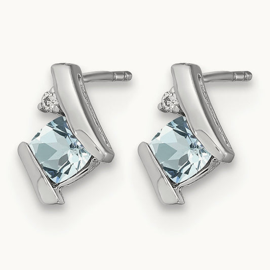 Cushion Aquamarine and Diamond Earrings, 14K White Gold