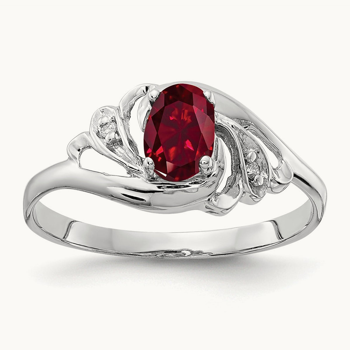 6x4mm Oval Created Ruby AA Diamond ring, 14K White Gold