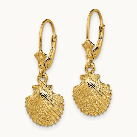 2-D and Textured Scallop Shell Leverback Earrings, 14K