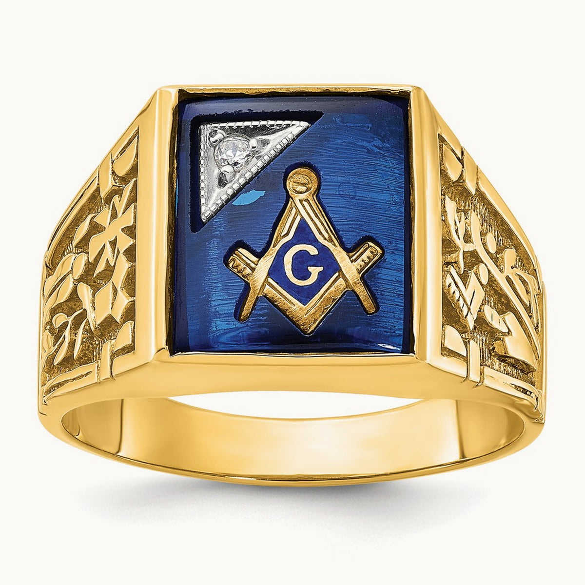 14ktt IBGoodman Men's Lab Cr. Sapphire & Dia Blue Lodge Masonic Ring