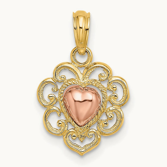 Polished and Textured Heart Charm, 14K Yellow with Rose