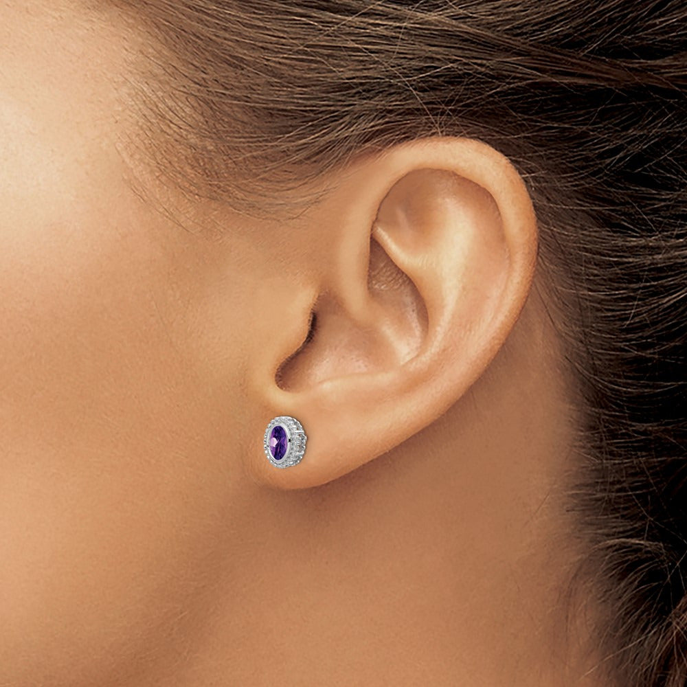 Oval Amethyst Post Earrings — 14K White Gold