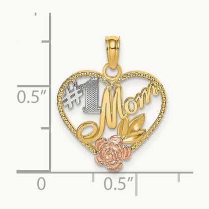 Rhodium Textured #1 Mom Heart Charm, 14K Two-tone White