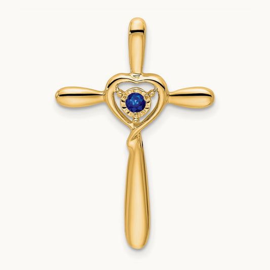 Created Sapphire Cross w/Heart Chain Slide, 14K