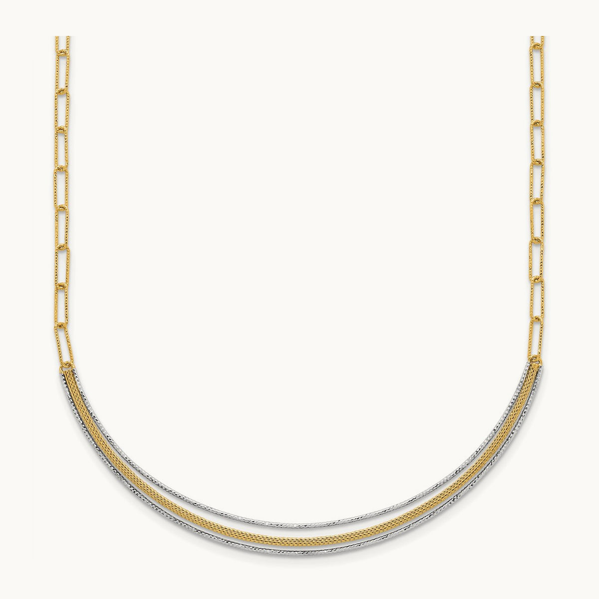 Textured Long Link w/2 inch ext Woven Smile Bar Necklace, 14K Two-tone