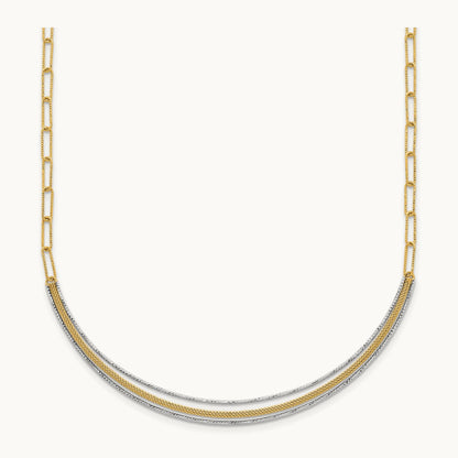 Textured Long Link w/2 inch ext Woven Smile Bar Necklace, 14K Two-tone
