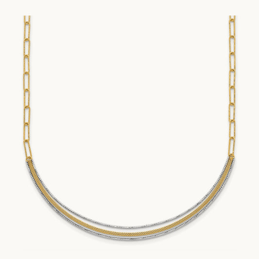 Textured Long Link w/2 inch ext Woven Smile Bar Necklace, 14K Two-tone