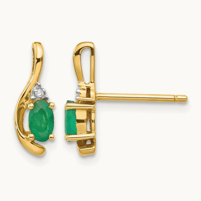 Emerald and Diamond Post Earrings — 14K Yellow Gold