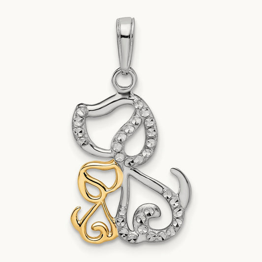Diamond-cut Dog and Puppy Pendant, 14K with White Rhodium