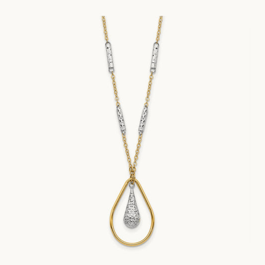 Polished & D/C Teardrop Necklace, 14K Two-tone