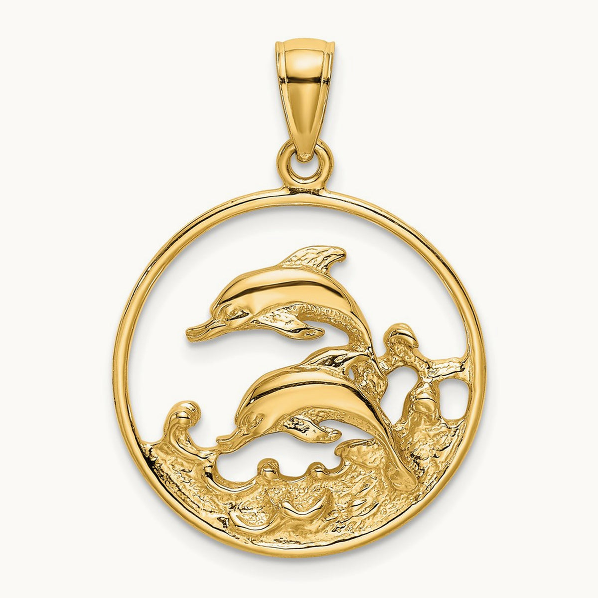 Double Dolphins In Circle Charm, 14K