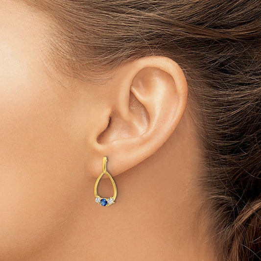 Created Sapphire Dangle Teardrop Earrings, 0.25 ct tw Lab-Grown Diamond — 14K Yellow Gold