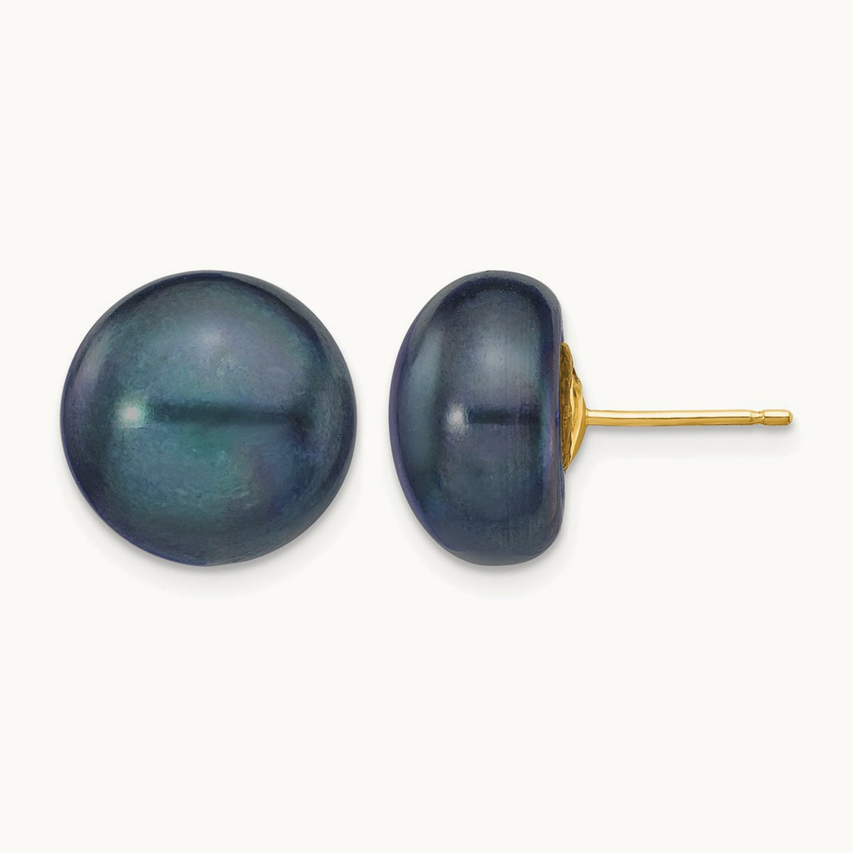 Black Button Freshwater Cultured Pearl Stud Post Earrings — 14K Yellow Gold