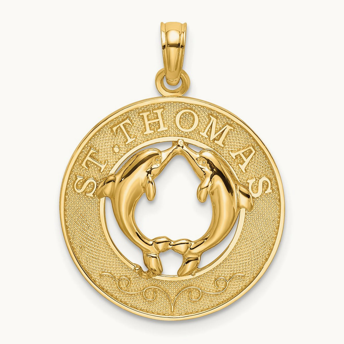 ST. THOMAS w/ Dolphins Round Charm, 14K