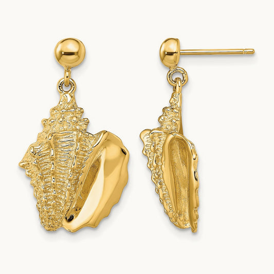 2-D Conch Shell Dangle Post Earrings, 14K