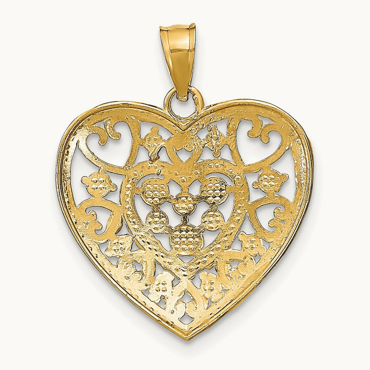 w/Rhodium Cut-Out Filigree Heart Charm, 14K