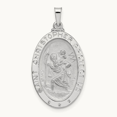 Polished Oval Solid Saint Christopher Medal Pendant, 14K White Gold