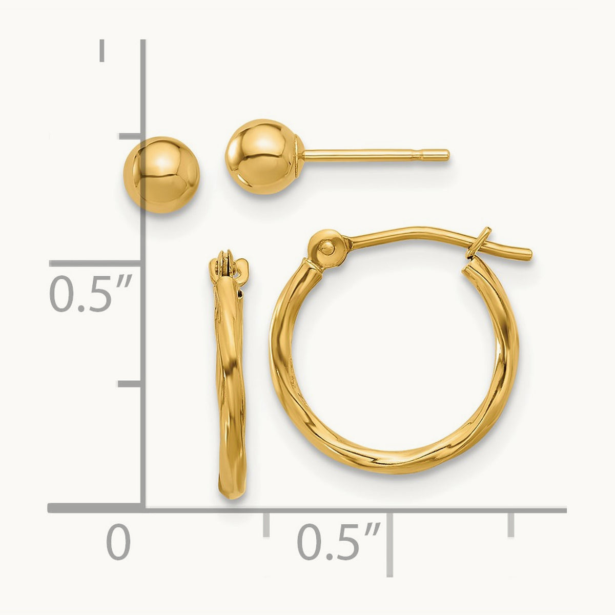 Polished Ball and Twisted Hoop Earring Set, 4mm, 14K